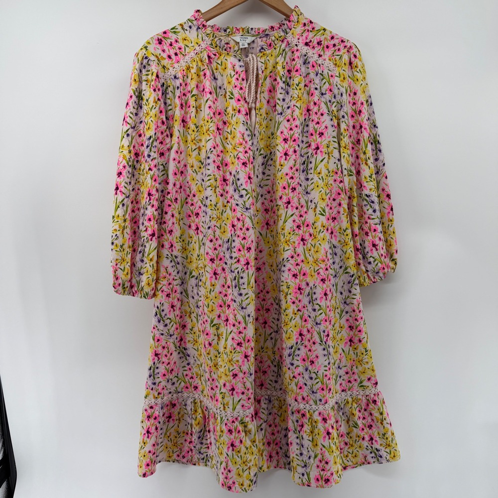 Crown & Ivy Womens 2X Pink Yellow Floral Ruffle Neck Tassel Shift Dress